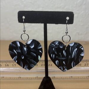 Black Heart Drop Earrings with White Brushstroke Accents